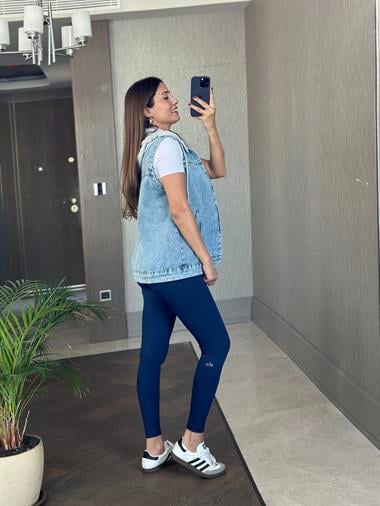 Mavi Gri Kapüşonlu Ayarlanabilir Lastikli Kadın Jean Yelek