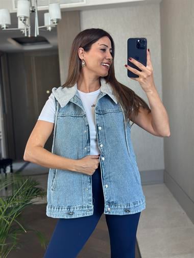 Mavi Gri Kapüşonlu Ayarlanabilir Lastikli Kadın Jean Yelek
