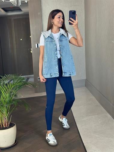 Mavi Gri Kapüşonlu Ayarlanabilir Lastikli Kadın Jean Yelek