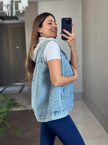 Mavi Gri Kapüşonlu Ayarlanabilir Lastikli Kadın Jean Yelek