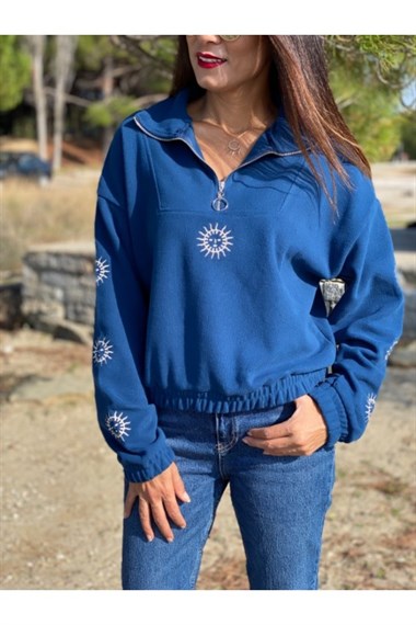 Mavi Güneş Nakışlı Sweatshirt