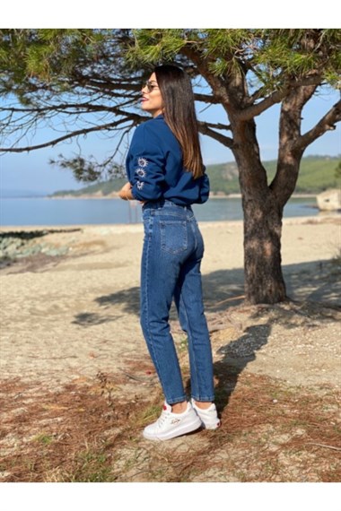 Mavi Güneş Nakışlı Sweatshirt