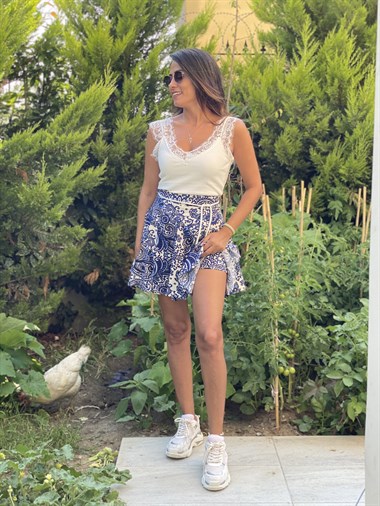 Mavi Halat  Kemerli  Şal Desen Kadın Şortlu Etek
