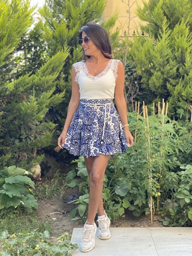 Mavi Halat  Kemerli  Şal Desen Kadın Şortlu Etek