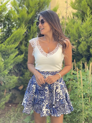 Mavi Halat  Kemerli  Şal Desen Kadın Şortlu Etek