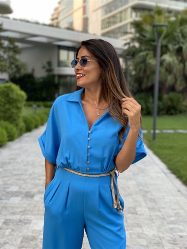 Mavi Hasır Kemerli Yarasa Kol Kadın Tulum