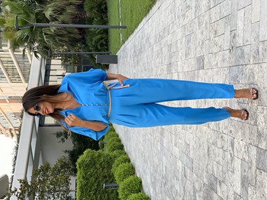 Mavi Hasır Kemerli Yarasa Kol Kadın Tulum