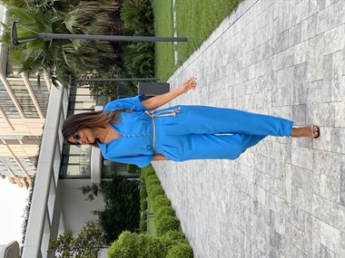 Mavi Hasır Kemerli Yarasa Kol Kadın Tulum