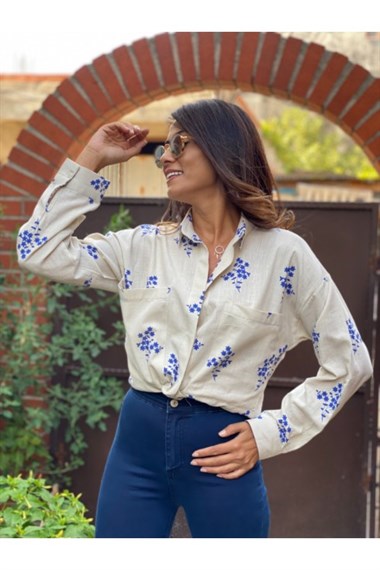 Mavi İki Cep Çiçek Desen Gömlek