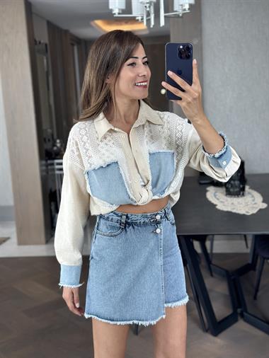 Mavi İki Düğmeli Püsküllü Mini Kadın Jean Şort Etek