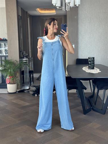 Mavi İp Askılı Arkası V Geniş Paça Kadın Jean Tulum