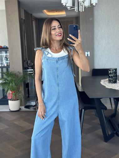 Mavi İp Askılı Arkası V Geniş Paça Kadın Jean Tulum