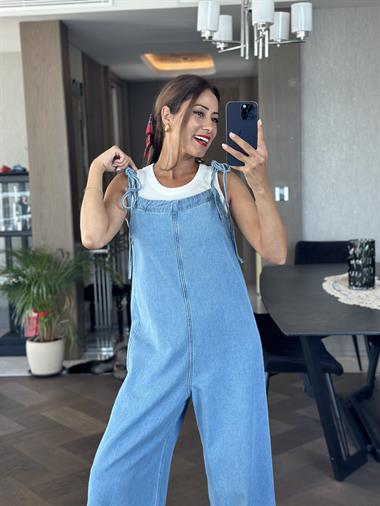 Mavi İp Askılı Arkası V Geniş Paça Kadın Jean Tulum