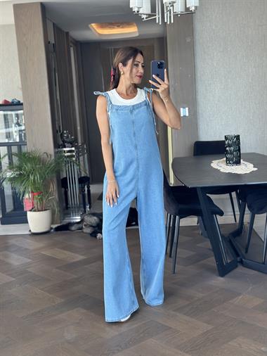 Mavi İp Askılı Arkası V Geniş Paça Kadın Jean Tulum