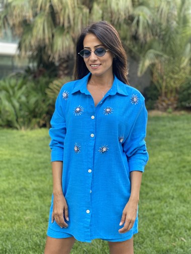 Mavi İşlemeli Oversize Kadın Gömlek