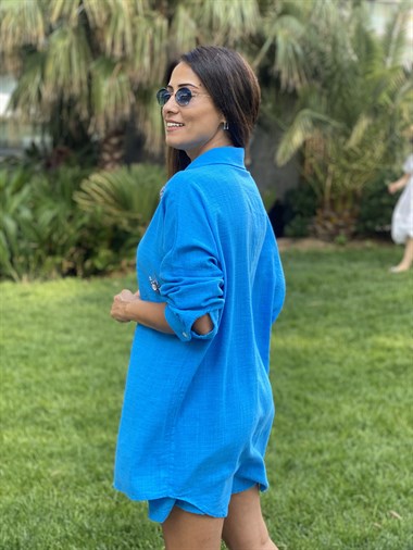 Mavi İşlemeli Oversize Kadın Gömlek