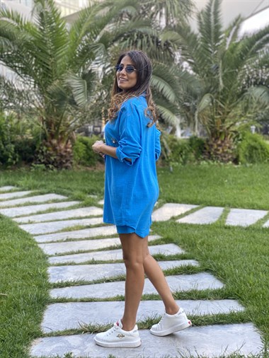 Mavi İşlemeli Oversize Kadın Gömlek