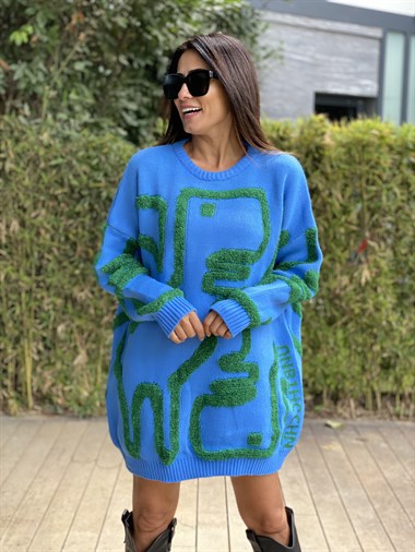Mavi Kabartma Dokulu Oversize Kadın Triko Kazak