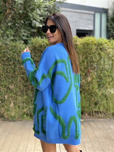 Mavi Kabartma Dokulu Oversize Kadın Triko Kazak