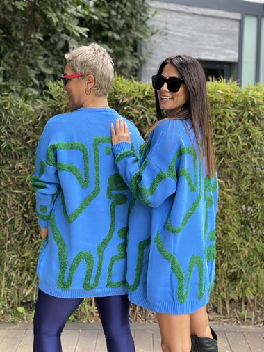 Mavi Kabartma Dokulu Oversize Kadın Triko Kazak