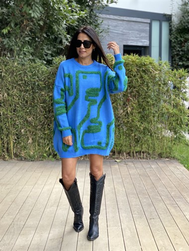 Mavi Kabartma Dokulu Oversize Kadın Triko Kazak