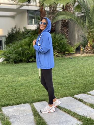 Mavi Kapüşonlu Fermuarlı Aerobin Kadın Trençkot