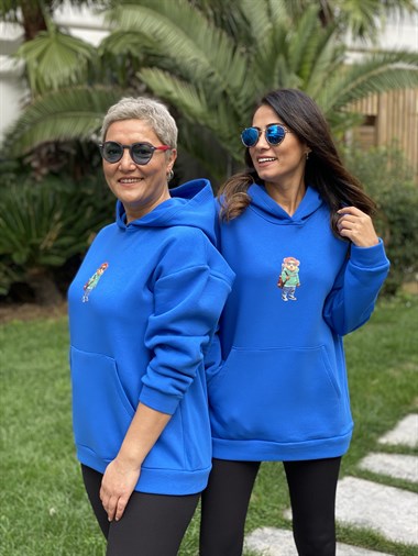 Mavi Kapüşonlu Kanguru Cep Ayıcık Baskılı Kadın Sweatshirt