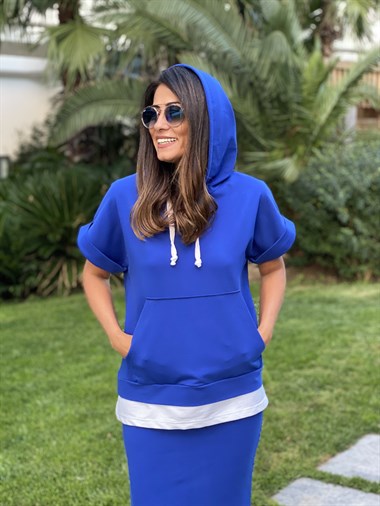 Mavi Kapüşonlu Sweatshirt Etek Kadın İkili  Takım