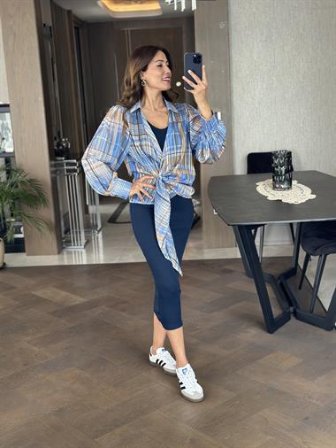 Mavi Kareli Orjinal Marka Parıltılı İplikli Kadın Gömlek