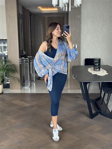 Mavi Kareli Orjinal Marka Parıltılı İplikli Kadın Gömlek