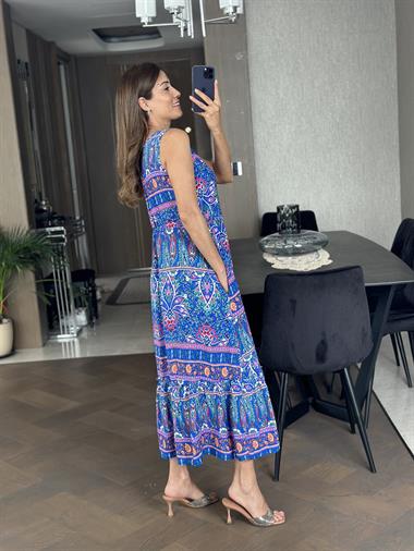 Mavi Karışık Desenli V Yaka Yırtmaçlı Bel Bağcıklı Kadın Elbise
