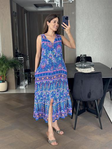 Mavi Karışık Desenli V Yaka Yırtmaçlı Bel Bağcıklı Kadın Elbise