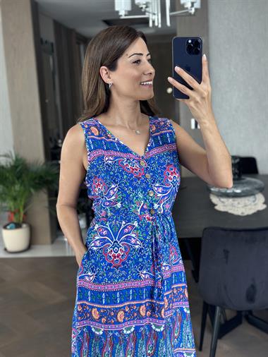 Mavi Karışık Desenli V Yaka Yırtmaçlı Bel Bağcıklı Kadın Elbise