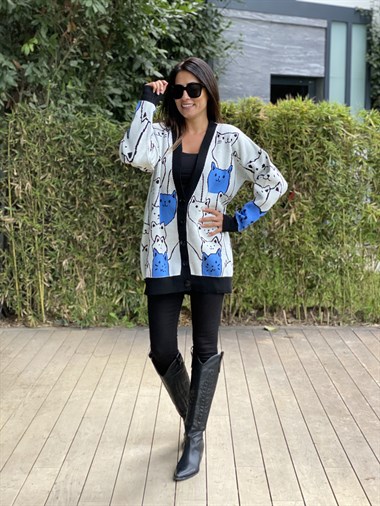 Mavi Kedi Desenli Düğmeli Kadın Hırka