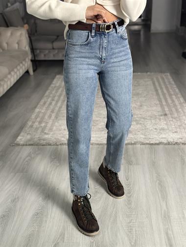 Mavi Kemerli Slim Mom Fit Kadın Jean Pantolon