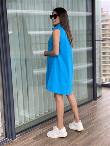 Mavi Keten Gömlek Elbise