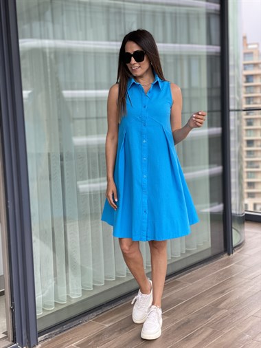 Mavi Keten Gömlek Elbise