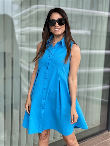 Mavi Keten Gömlek Elbise