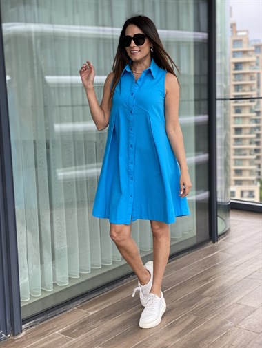 Mavi Keten Gömlek Elbise