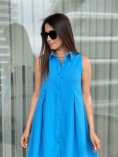 Mavi Keten Gömlek Elbise