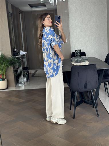 Mavi Krem Desenli Salaş Kadın Gömlek