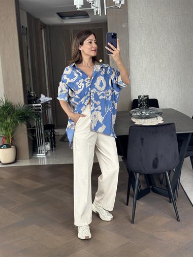 Mavi Krem Desenli Salaş Kadın Gömlek