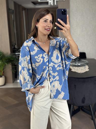 Mavi Krem Desenli Salaş Kadın Gömlek