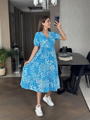 Mavi Kruvaze Yaka Kısa Kol Çiçek Desen Kadın Elbise
