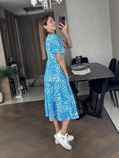 Mavi Kruvaze Yaka Kısa Kol Çiçek Desen Kadın Elbise