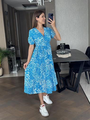 Mavi Kruvaze Yaka Kısa Kol Çiçek Desen Kadın Elbise