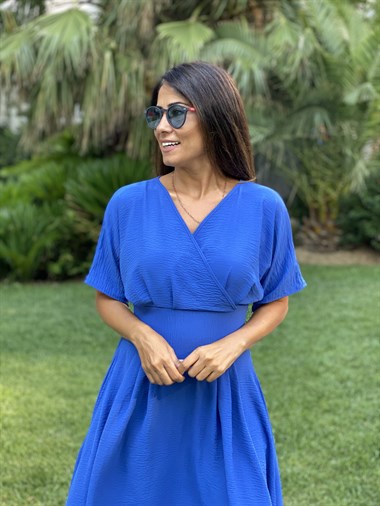 Saks Kruvaze Yaka Yarasa Kol Aerobin Kadın Elbise 