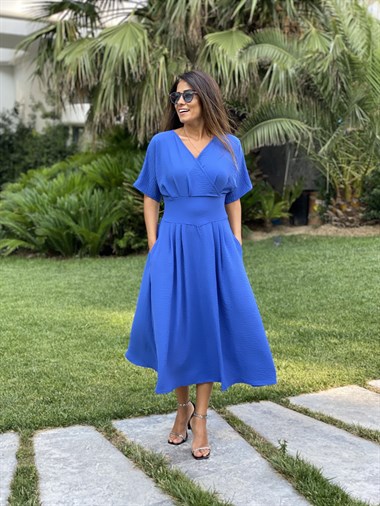 Saks Kruvaze Yaka Yarasa Kol Aerobin Kadın Elbise 