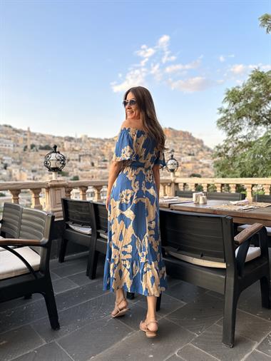 Mavi Madonna Yaka Beli Lastikli Yırtmaçlı Viskon Kadın Elbise