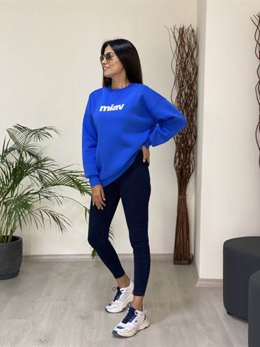 Mavi Yazı Baskılı Bisiklet Yaka Basic Kadın Sweatshirt